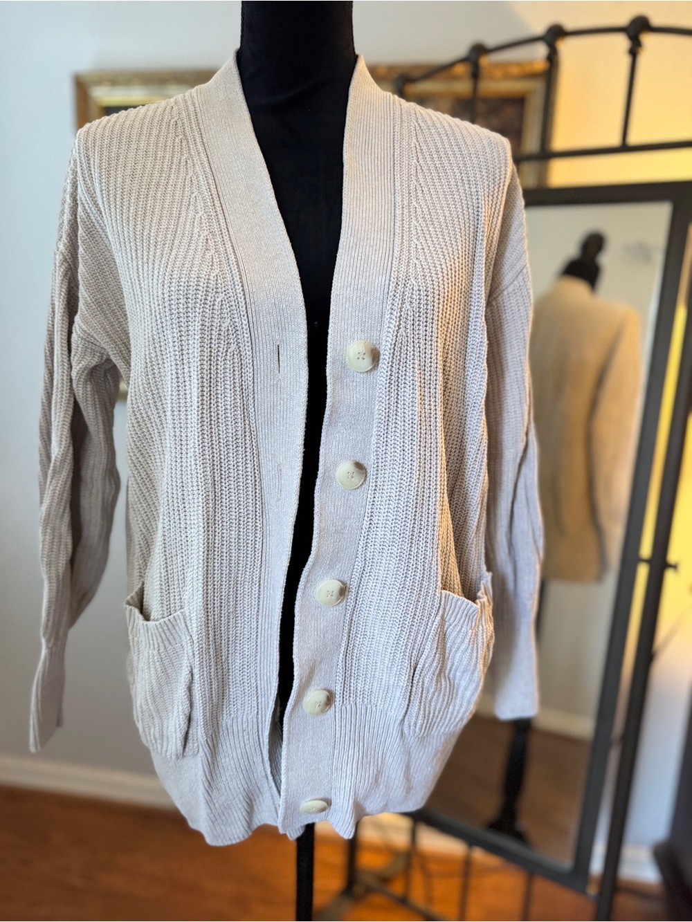 LOFT Cream Ribbed Button-Front Cardigan